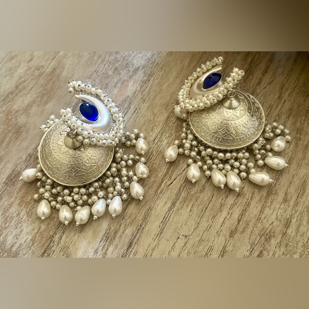 Elegant Silver and Blue Jhumka Earrings